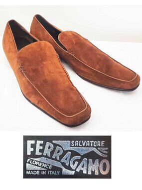Salvatore Ferragamo LAVORAZIOE Men's Cognac Brown Suede Leather Loafers Shoes 11